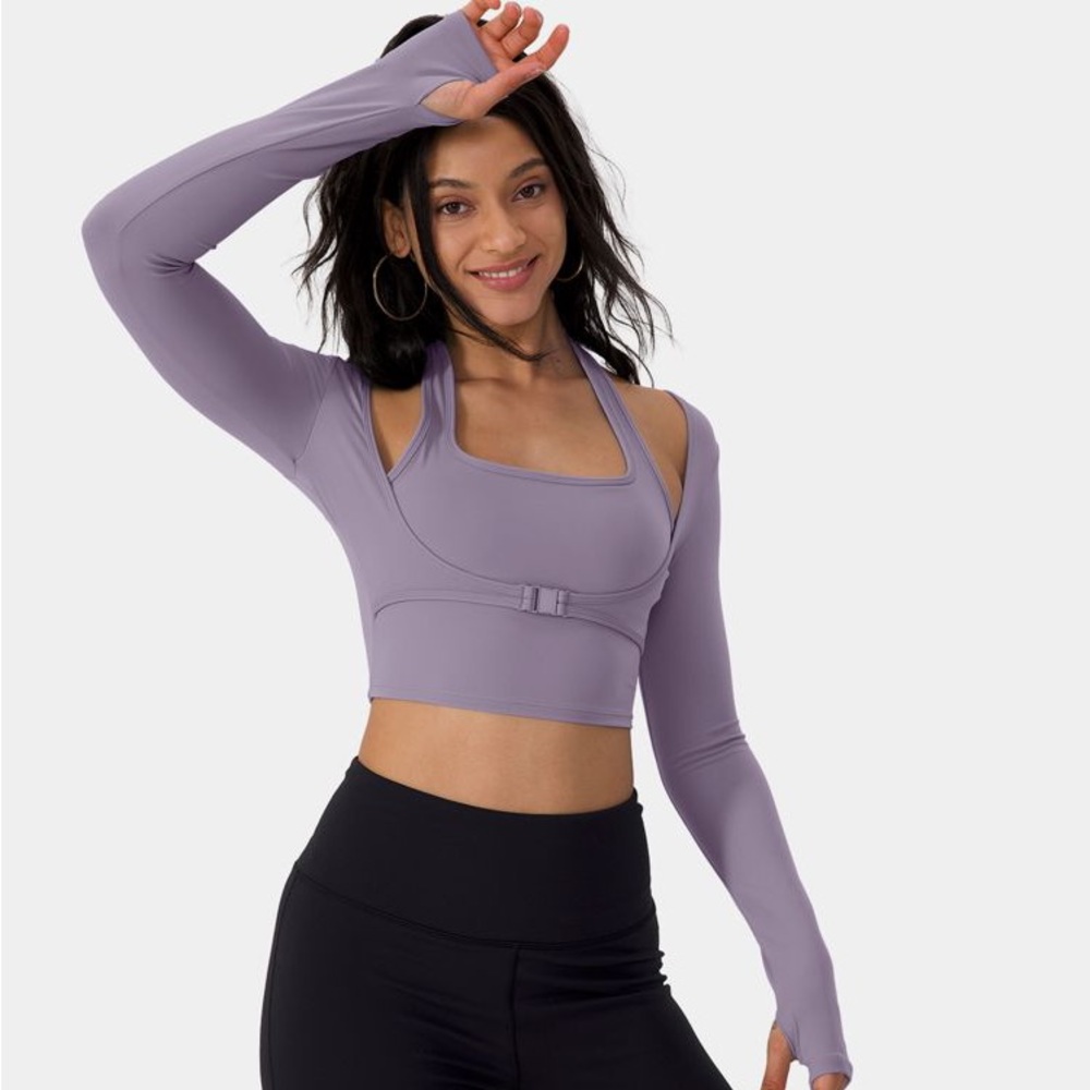 NWT Halara 2-in-1 Sport Cropped Halter Clip Front Long Sleeve w/ Thumb Hole